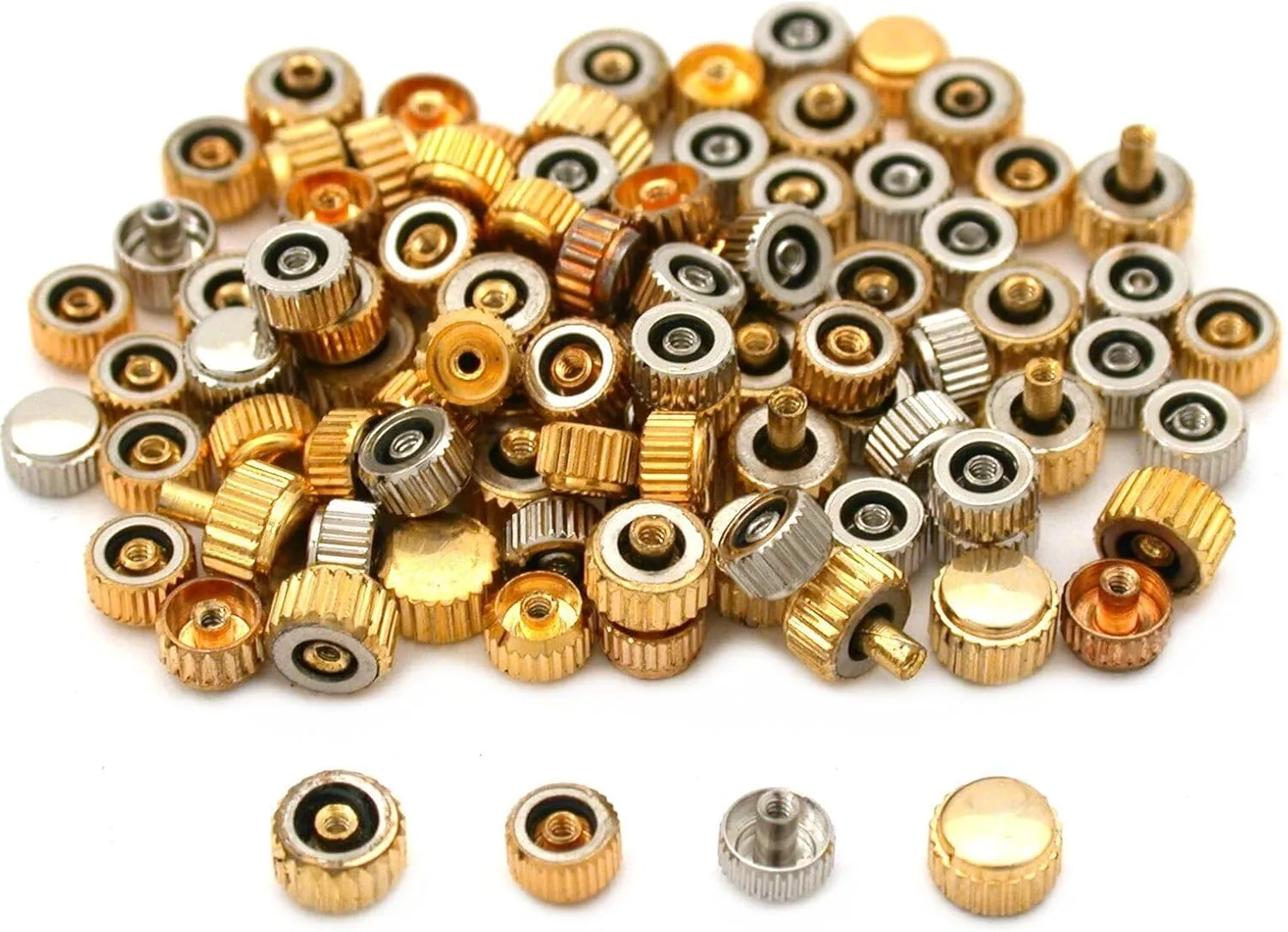 100 Pieces Assorted Quartz Watch Crowns Mixed Sizes Crown Kit for Watchmakers and DIY Watch Repair
