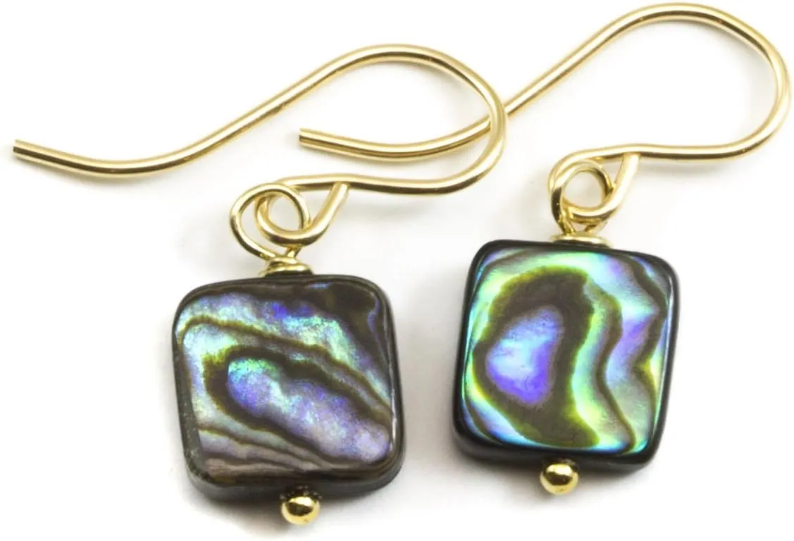 14k Gold Abalone Shell Earrings Mother of Pearl MOP Small Tiny Colorful Square Cut Drops