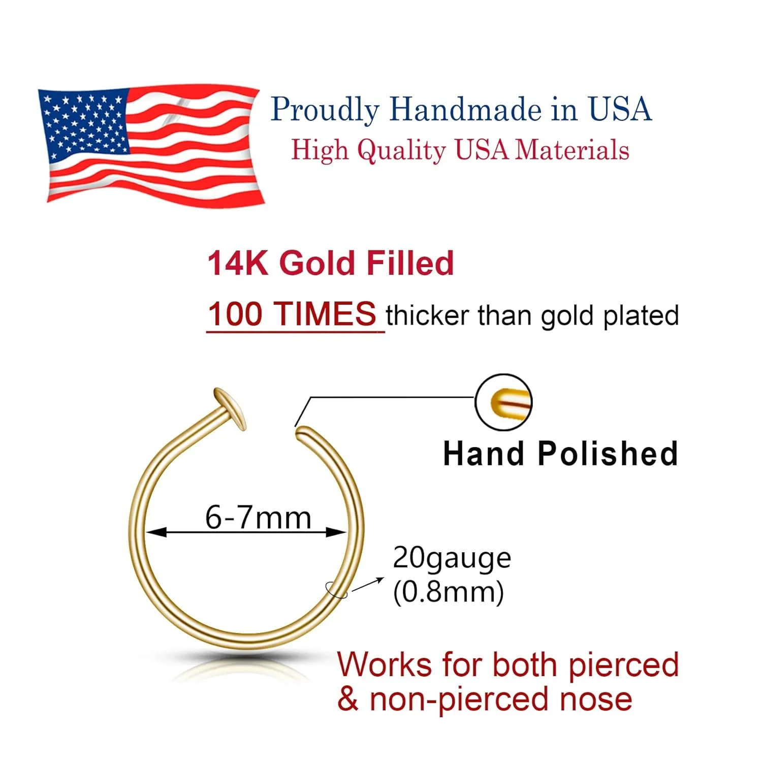 14k Gold Filled 20G Small Thin Nose Ring Hoop for Women, 6mm - 7mm Adjustable Nostril Piercing Jewelry