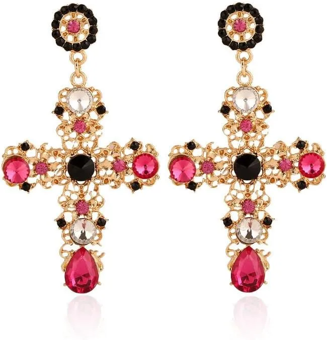 14K Gold Plated Earrings Large Cross Dangle Earrings Vintage Rhinestone Pearl Drop Big Earrings Easter Halloween Prom Jewelry for Women