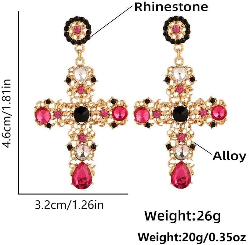 14K Gold Plated Earrings Large Cross Dangle Earrings Vintage Rhinestone Pearl Drop Big Earrings Easter Halloween Prom Jewelry for Women