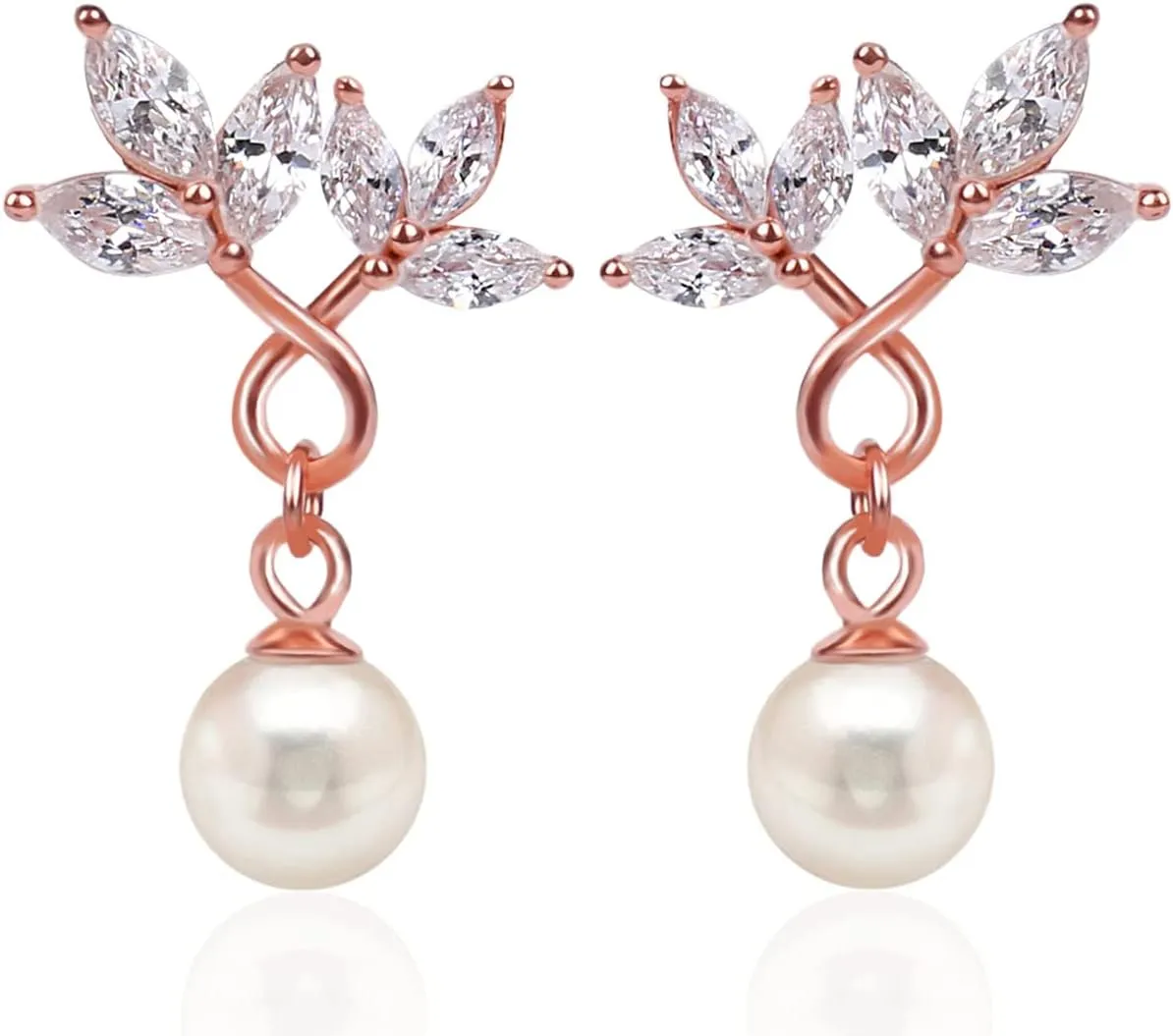 14K Rose Gold Pearl Drop Earrings for Women Brides Bridesmaids,925 Sterling Silver Cubic Zirconia Earrings for Wedding Prom Jewelry Gifts Box included