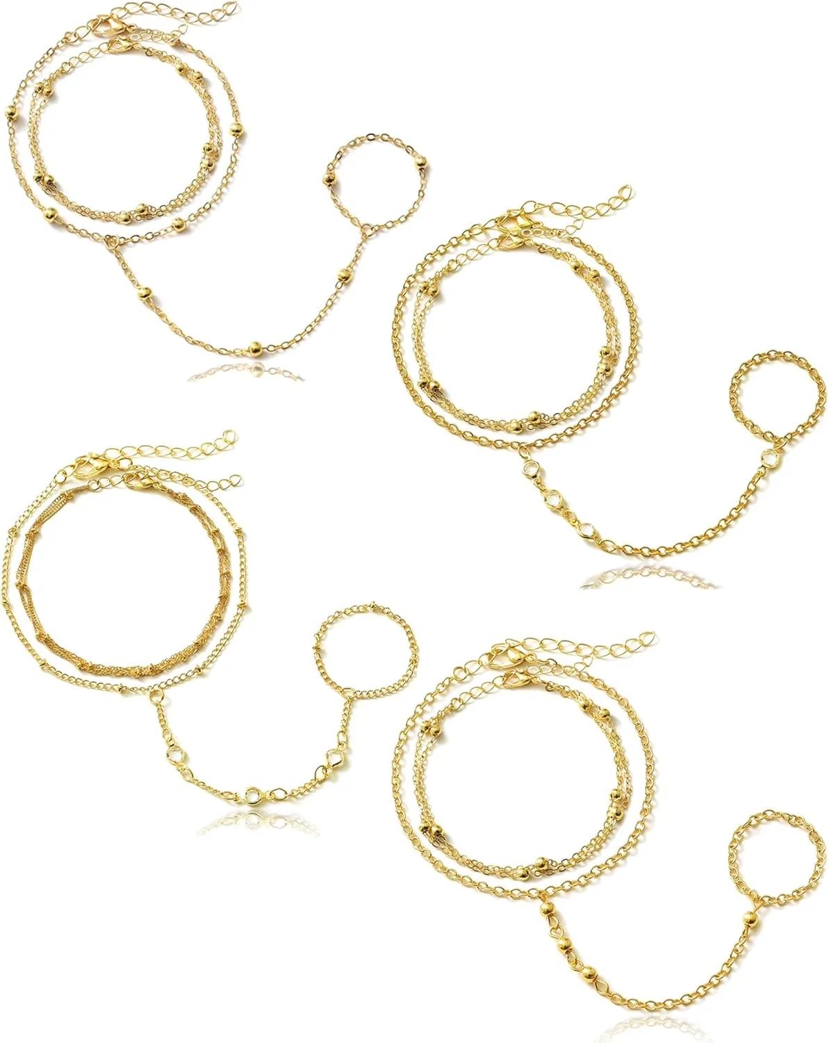 18K Gold Plated Hand Chains Bracelet Ring Bracelet for Women Adjustable Cubic Zirconia Bead Link Satellite Layered Finger Ring Hand Chain Jewelry