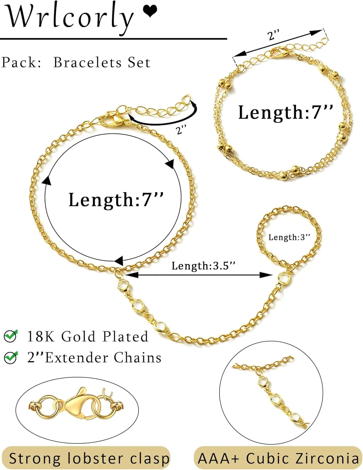18K Gold Plated Hand Chains Bracelet Ring Bracelet for Women Adjustable Cubic Zirconia Bead Link Satellite Layered Finger Ring Hand Chain Jewelry