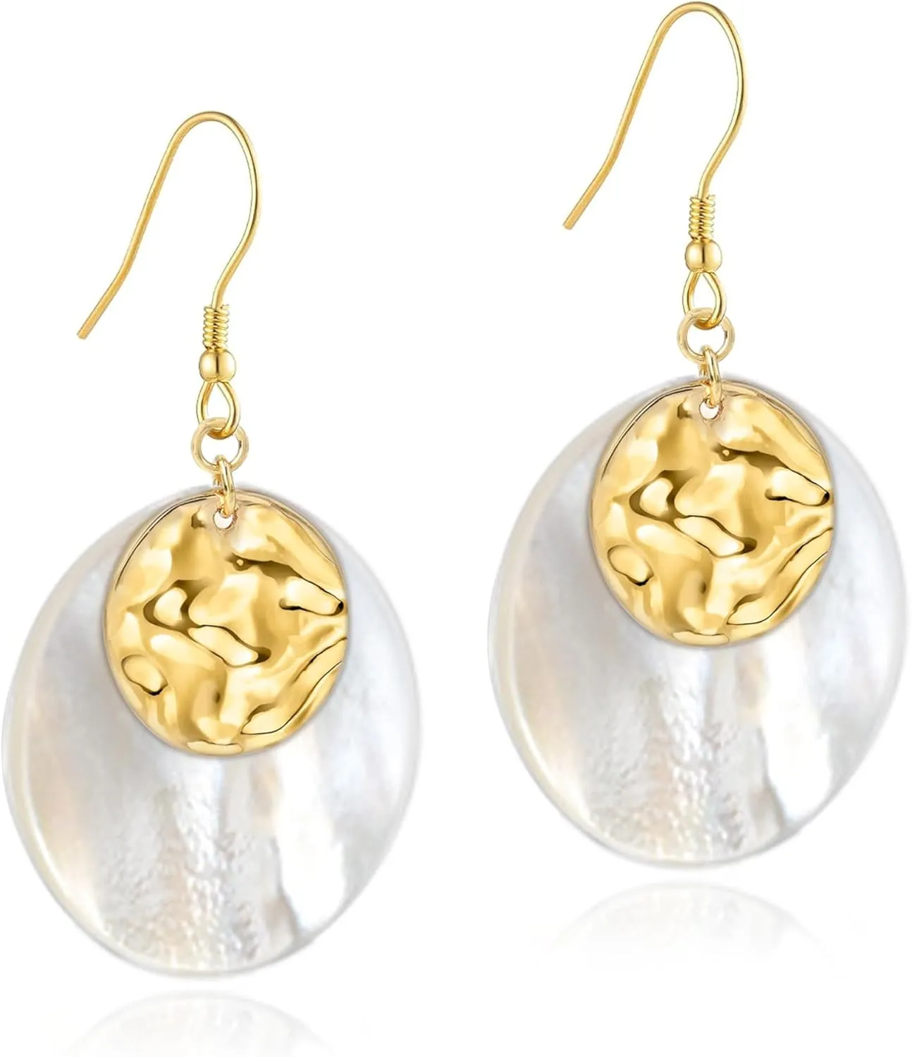 18K Gold Plated Shell Earrings for Women Lightweight Round Circle Disc Dangle Drop Earrings Minimalist Jewelry for Everyday Wear Gift for Her