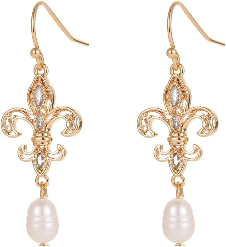 18K Gold-tone Plated Fleur de Lis Earrings for women with Freshwater Pearl-Detailed Drop Dangle Earrings Pearl Dangling Wedding Earrings for Brides,Lightweight