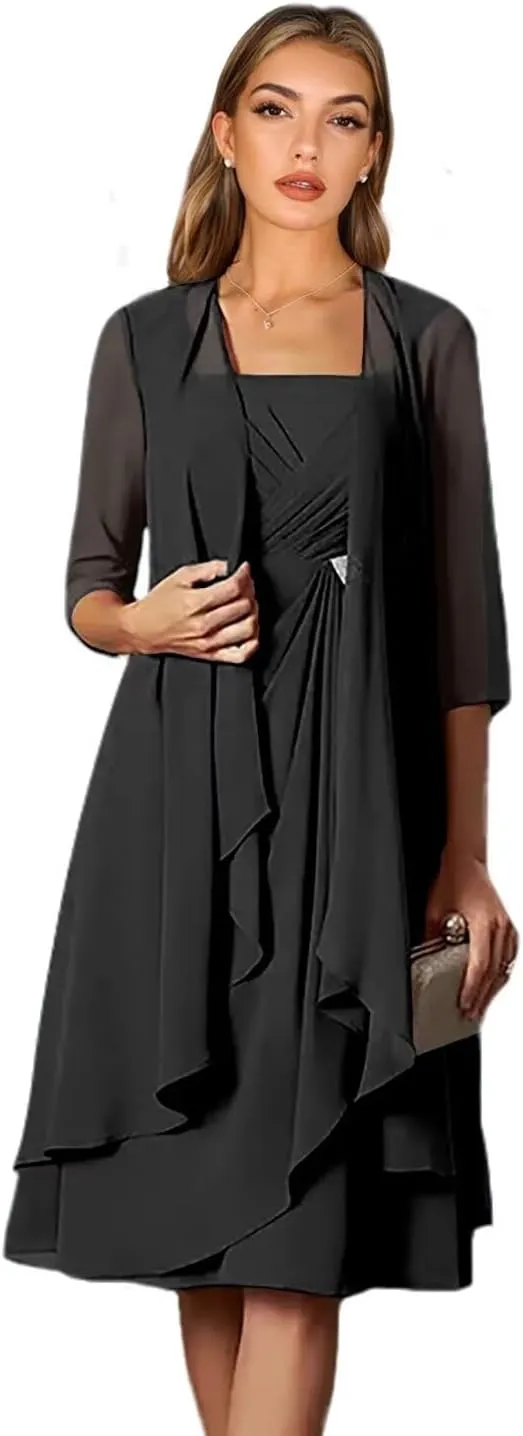 2 Piece Pleated Knee Length Chiffon Mother of The Bride Dresses with Jacket Beaded Formal Wedding Guest Gowns