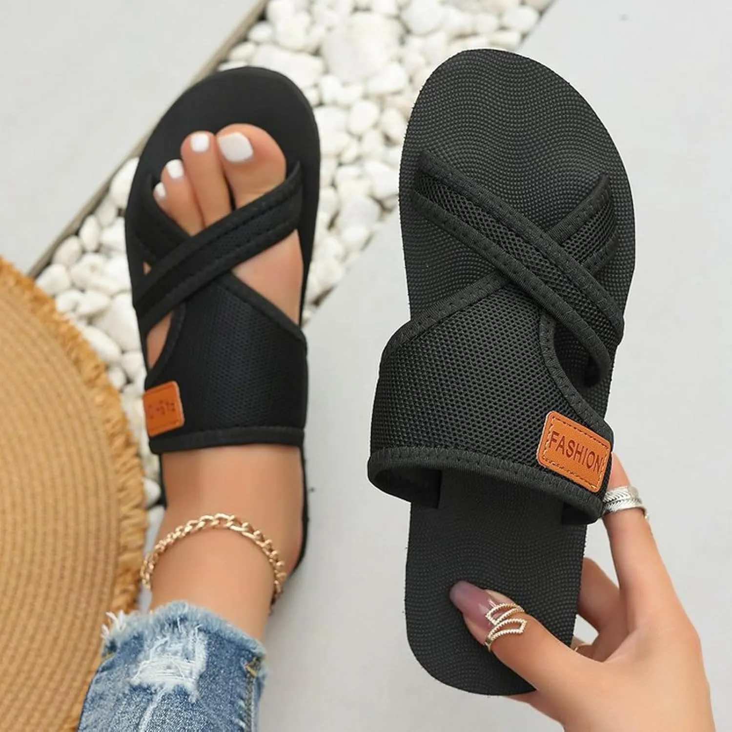 2025 NEW Women's Hollow Orthopedic Slide Sandals, Breathable Mesh Open Toe Cross Strap Comfy Flats Lightweight Beach Slippers