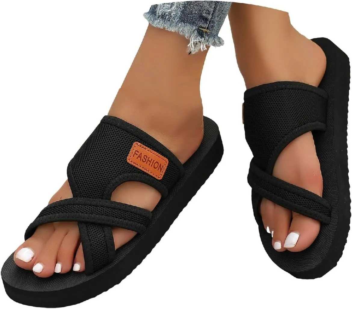 2025 NEW Women's Hollow Orthopedic Slide Sandals, Breathable Mesh Open Toe Cross Strap Comfy Flats Lightweight Beach Slippers