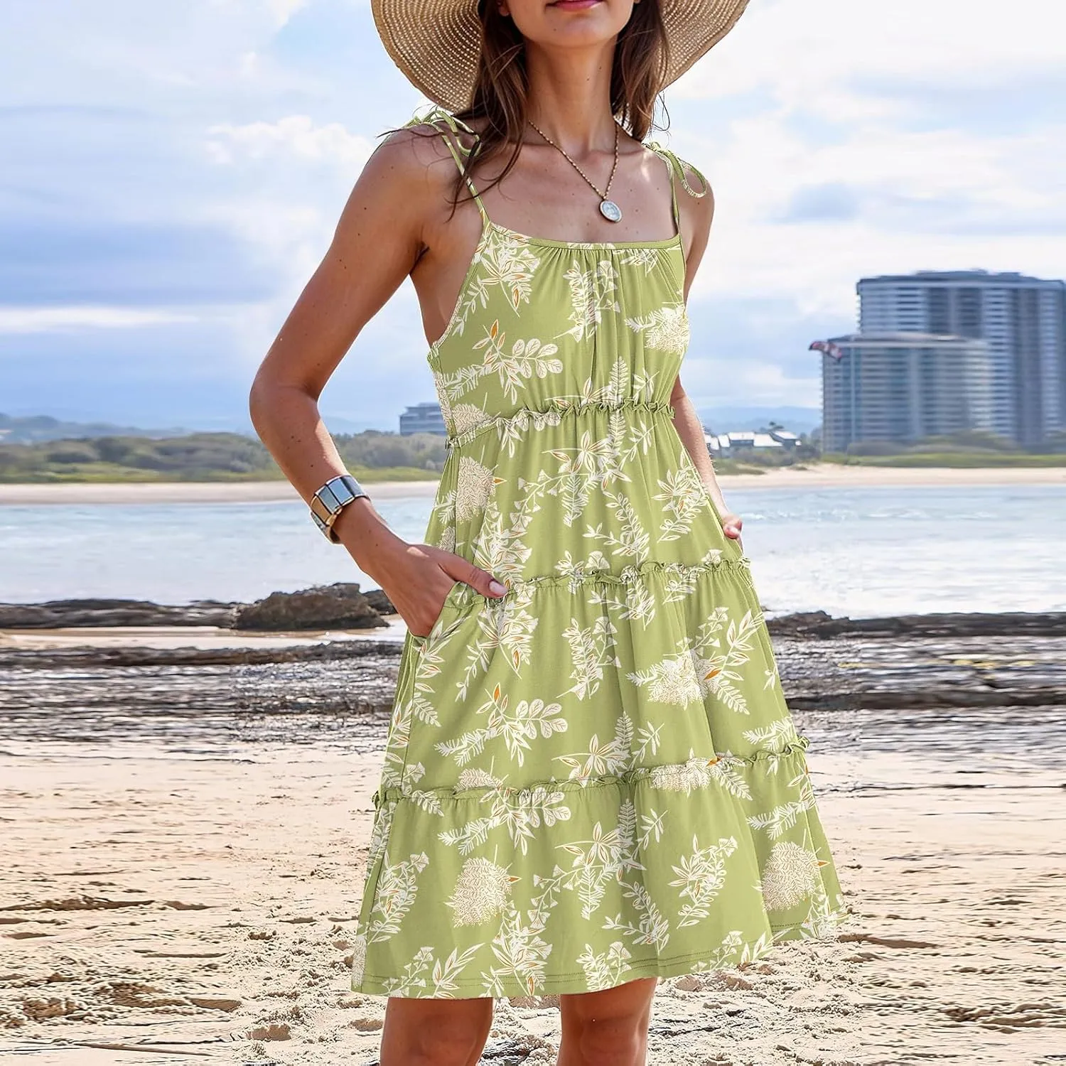 2025 Summer Dresses Trendy Cute Tie Ruffle Mini Dress Sling Women's Sundress Vacation Beach Short