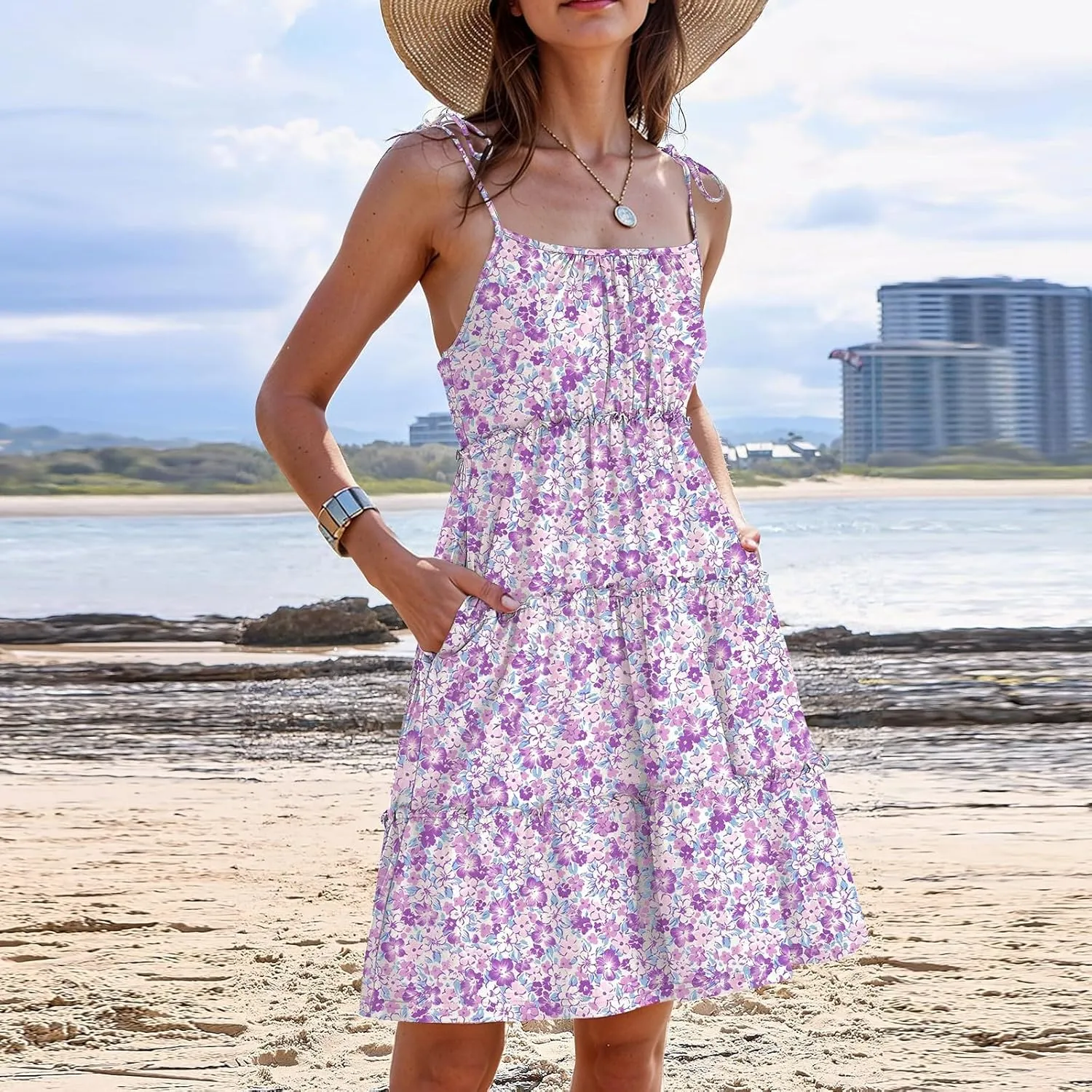 2025 Summer Dresses Trendy Cute Tie Ruffle Mini Dress Sling Women's Sundress Vacation Beach Short