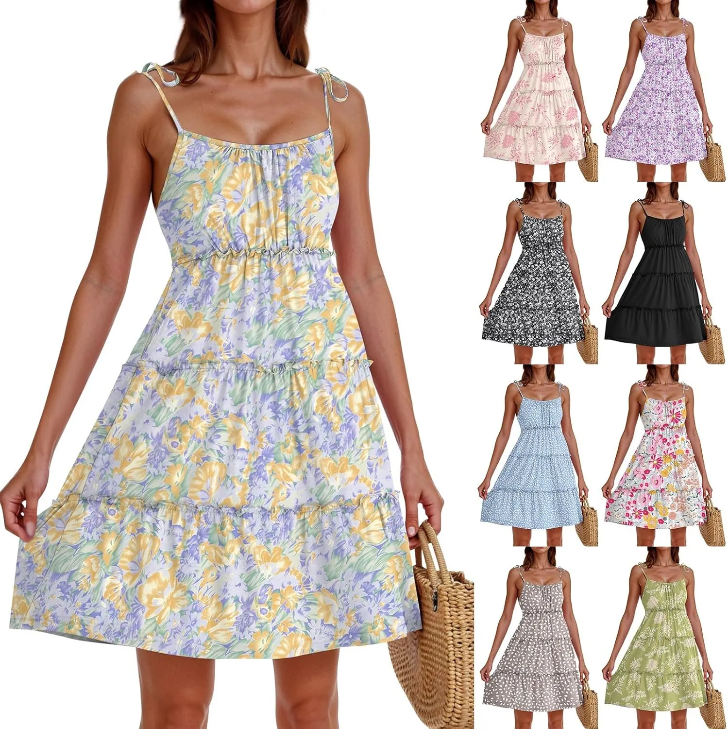 2025 Summer Dresses Trendy Cute Tie Ruffle Mini Dress Sling Women's Sundress Vacation Beach Short