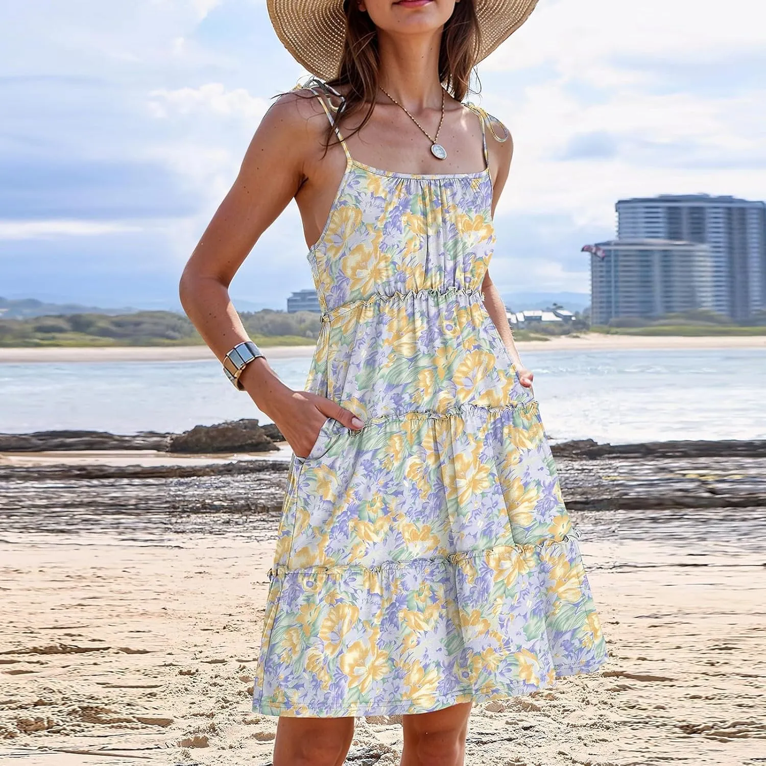 2025 Summer Dresses Trendy Cute Tie Ruffle Mini Dress Sling Women's Sundress Vacation Beach Short