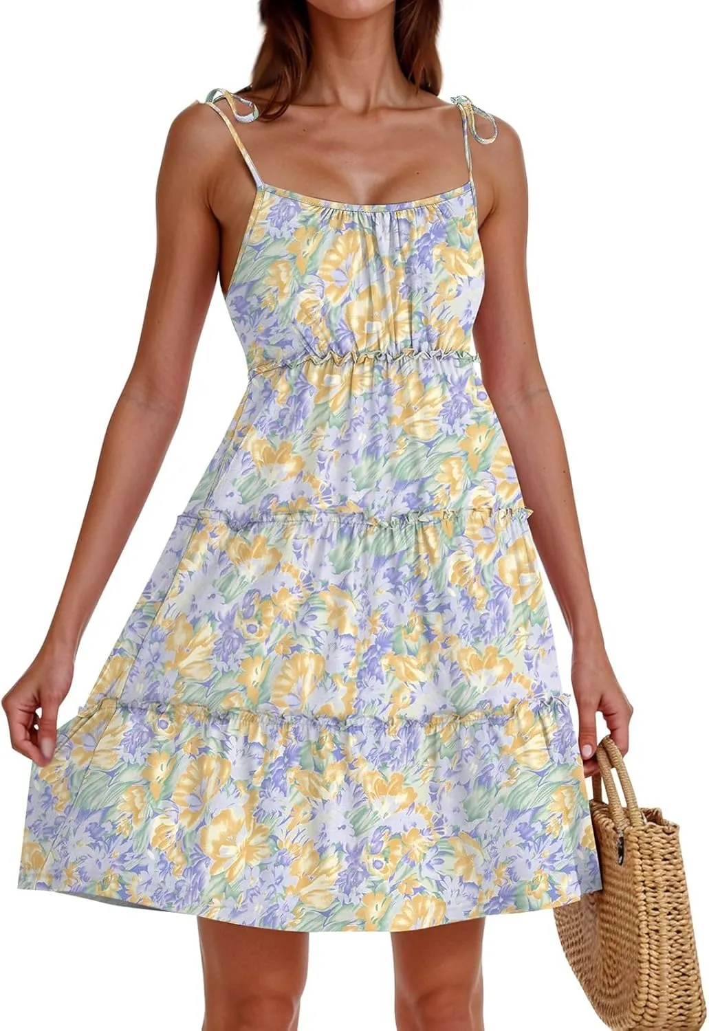 2025 Summer Dresses Trendy Cute Tie Ruffle Mini Dress Sling Women's Sundress Vacation Beach Short