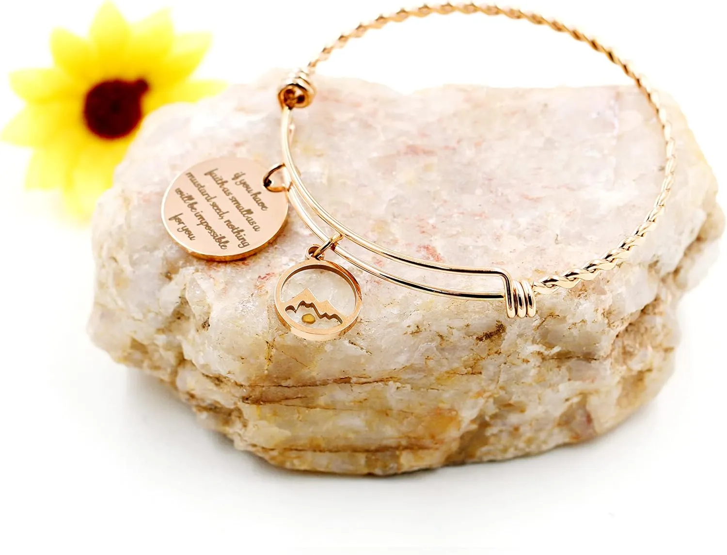 2.5 Inches Stainless Steel Wire Twist Bangle Bracelet with Bible Disc Pendant Mustard Seed Charms