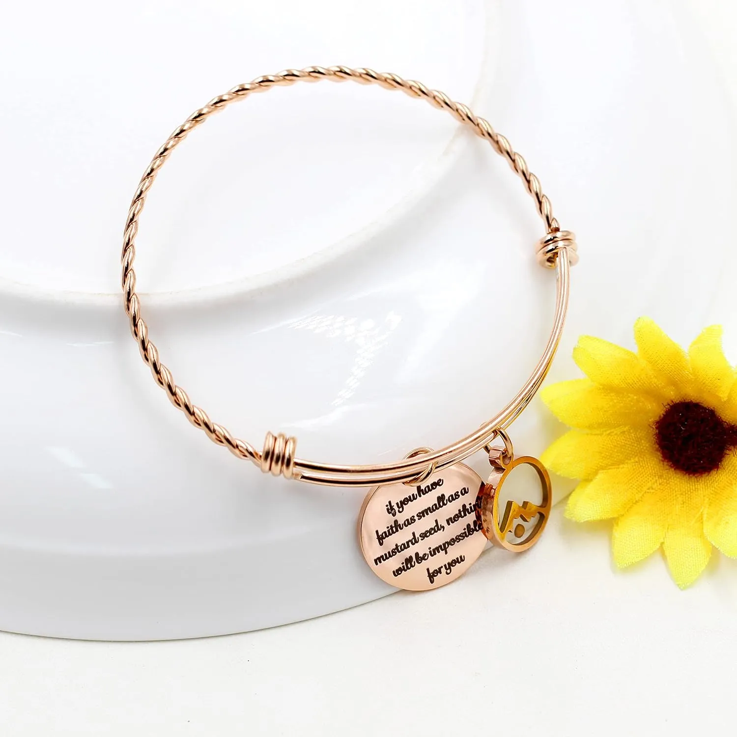 2.5 Inches Stainless Steel Wire Twist Bangle Bracelet with Bible Disc Pendant Mustard Seed Charms