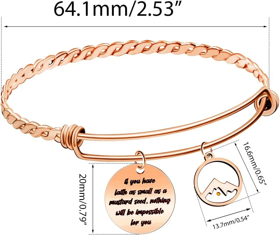 2.5 Inches Stainless Steel Wire Twist Bangle Bracelet with Bible Disc Pendant Mustard Seed Charms