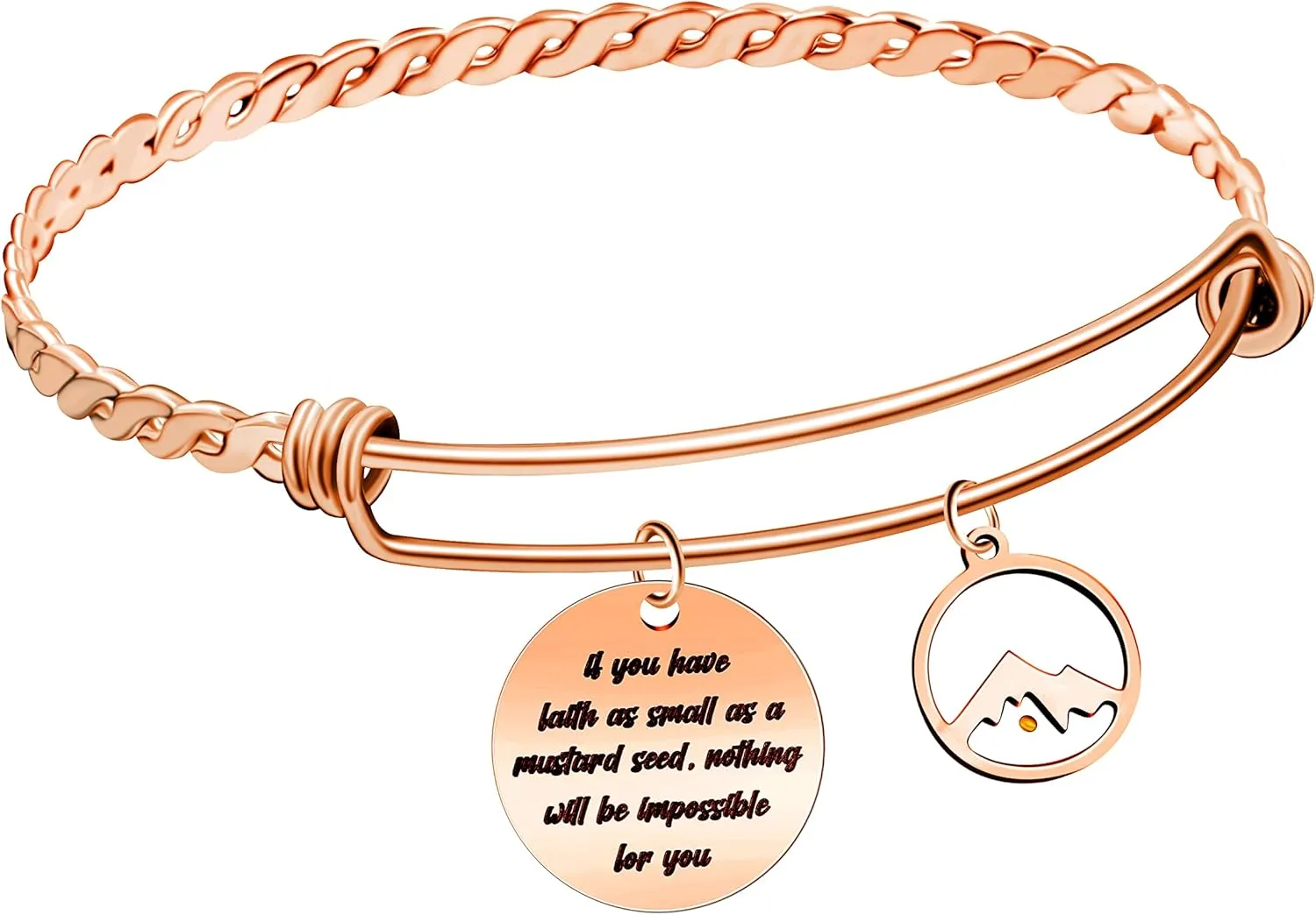 2.5 Inches Stainless Steel Wire Twist Bangle Bracelet with Bible Disc Pendant Mustard Seed Charms