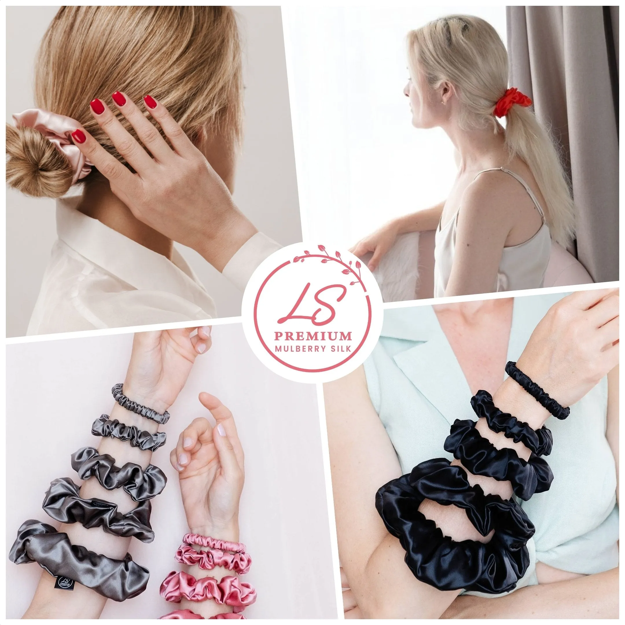 3 Pack Premium Mulberry Silk Scrunchies - White - Small