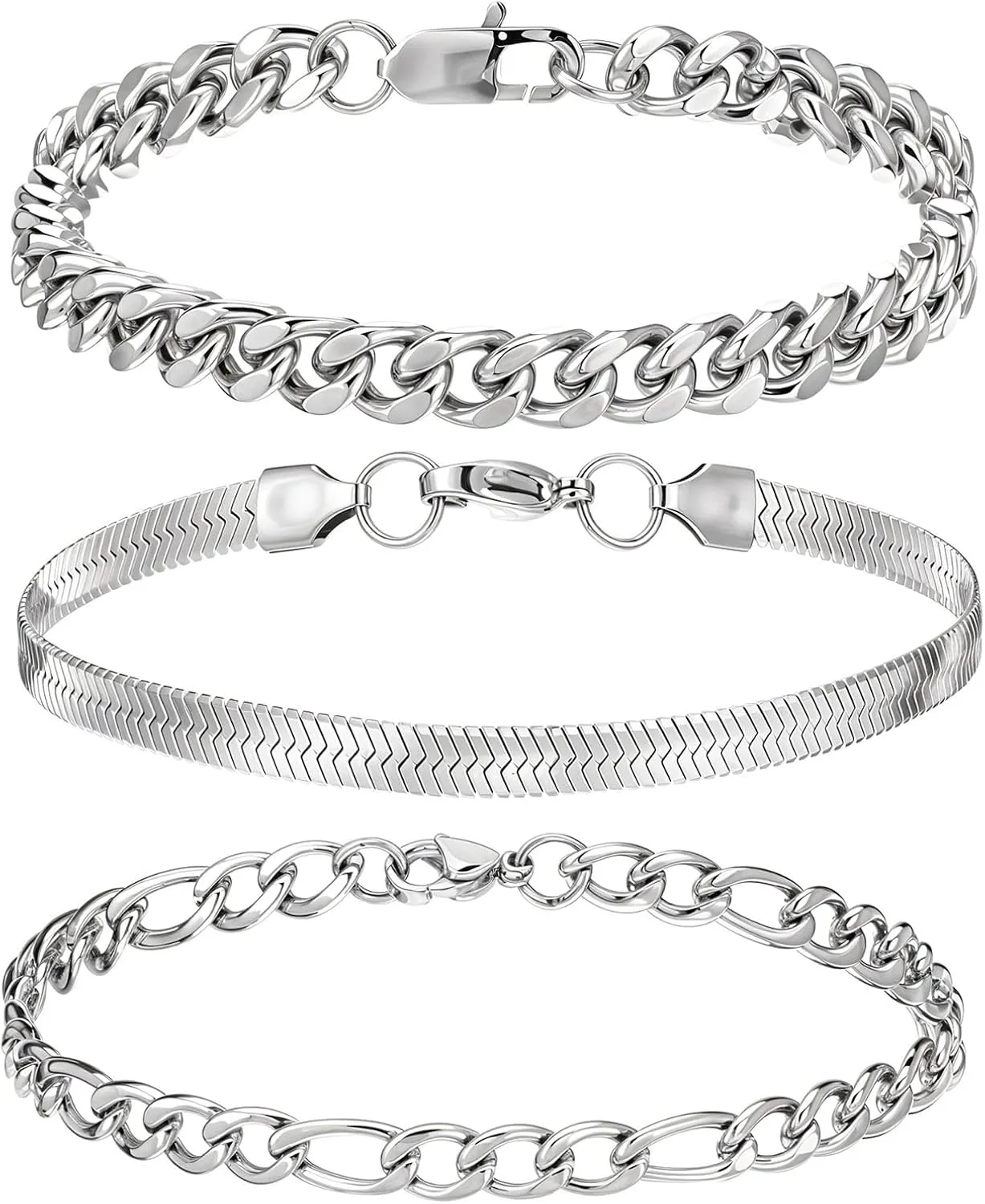 3pcs Silver Chain Bracelets for Men, Stainless Steel Cuban Link Chain Bracelet Set, Herringbone Figaro Wrist Chains, 7-9inch Sturdy Bracelet Gifts for Dad, Husband, Boyfriend