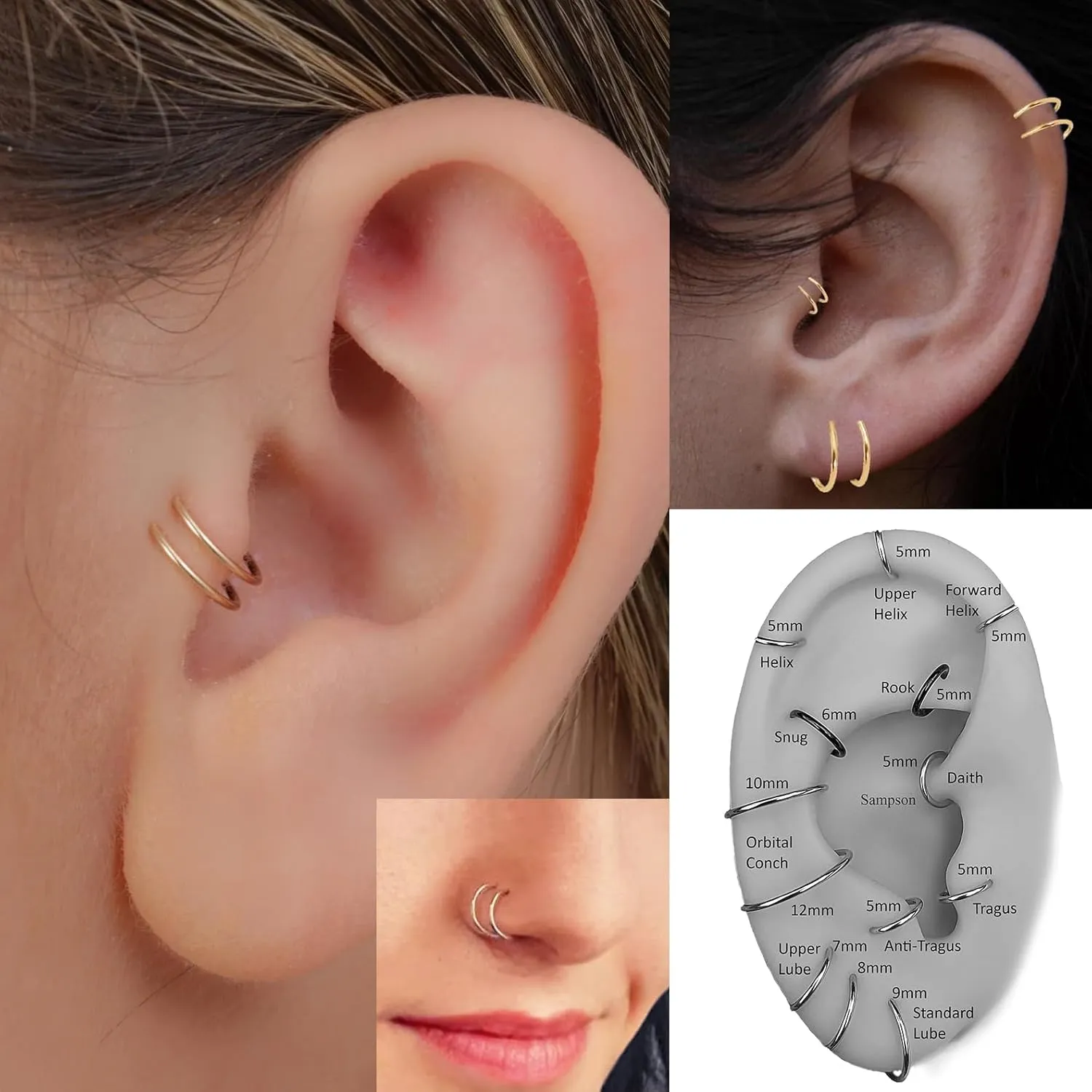 4mm 14K Gold Filled Double Tragus Elbrow Rock Snug Daith Ring Hoop for Single Piercing Spiral Twist Nose Hoop for Women (14K Yellow Gold Filled | 22 GA, 4mm | Left Side)
