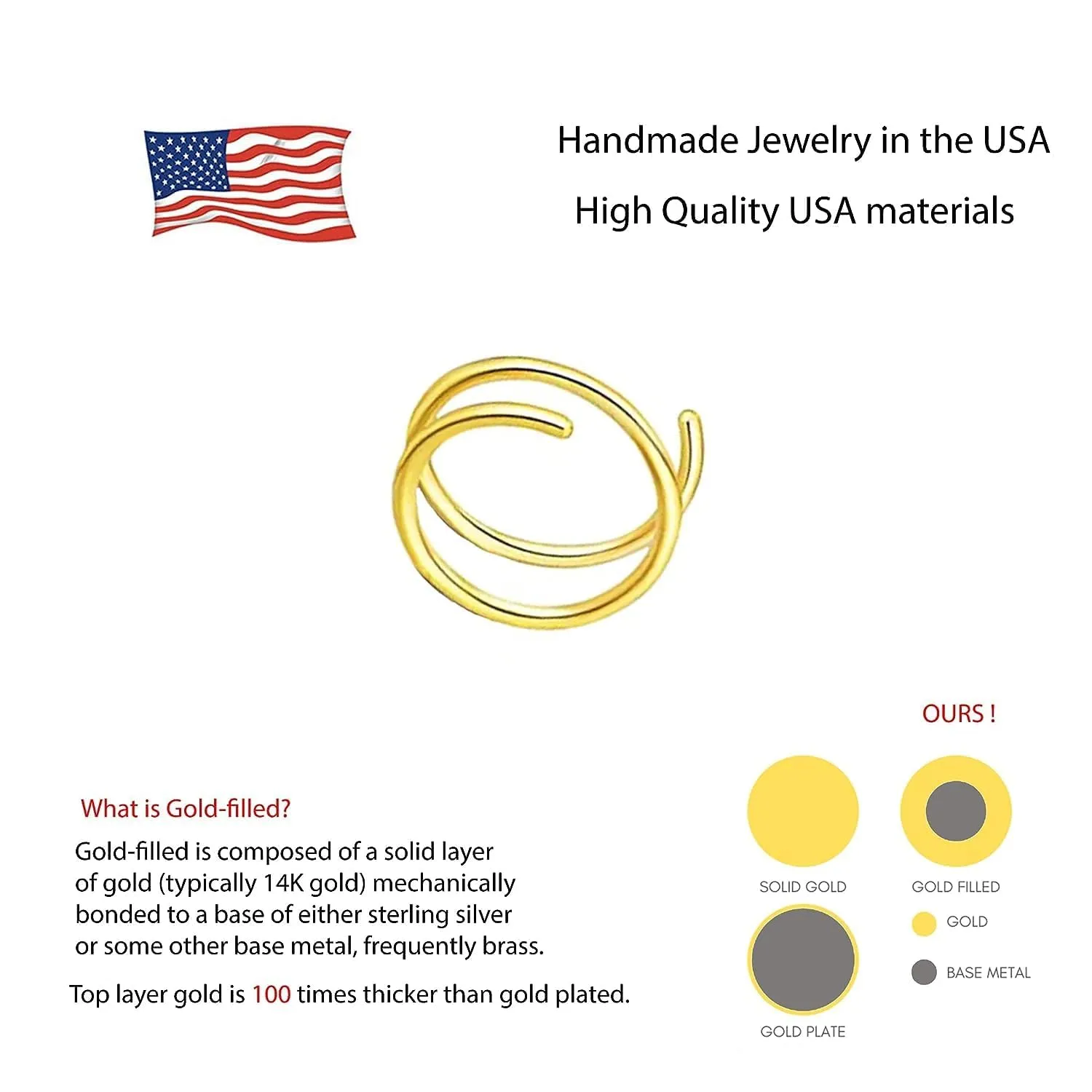 4mm 14K Gold Filled Double Tragus Elbrow Rock Snug Daith Ring Hoop for Single Piercing Spiral Twist Nose Hoop for Women (14K Yellow Gold Filled | 22 GA, 4mm | Left Side)
