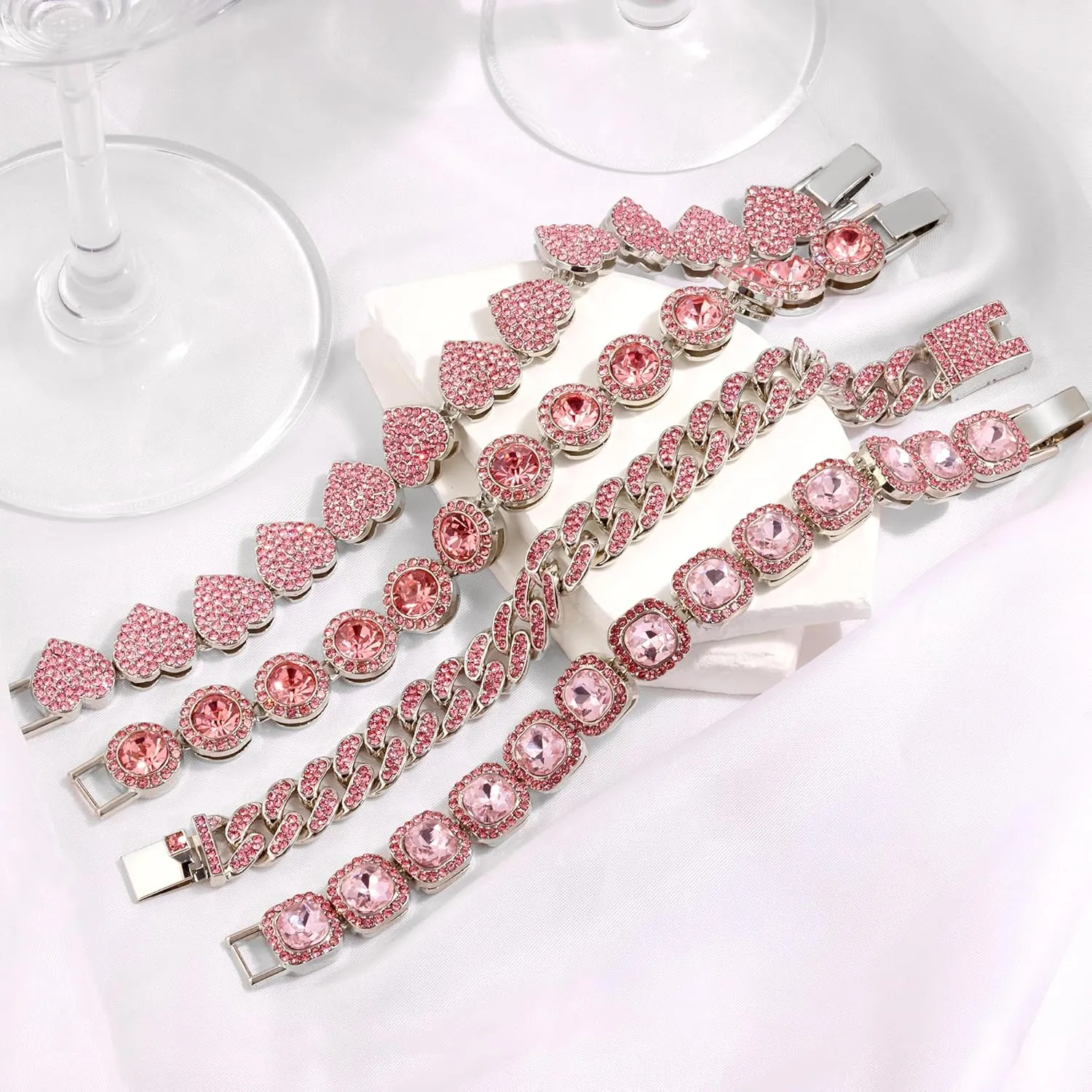 4PCS Gold Bracelets for Women Silver Clustered Tennis Bracelet for Women Heart Round Diamond Cuban Bracelet Layered Link Bracelet Set Fashion Jewelry for Women Set