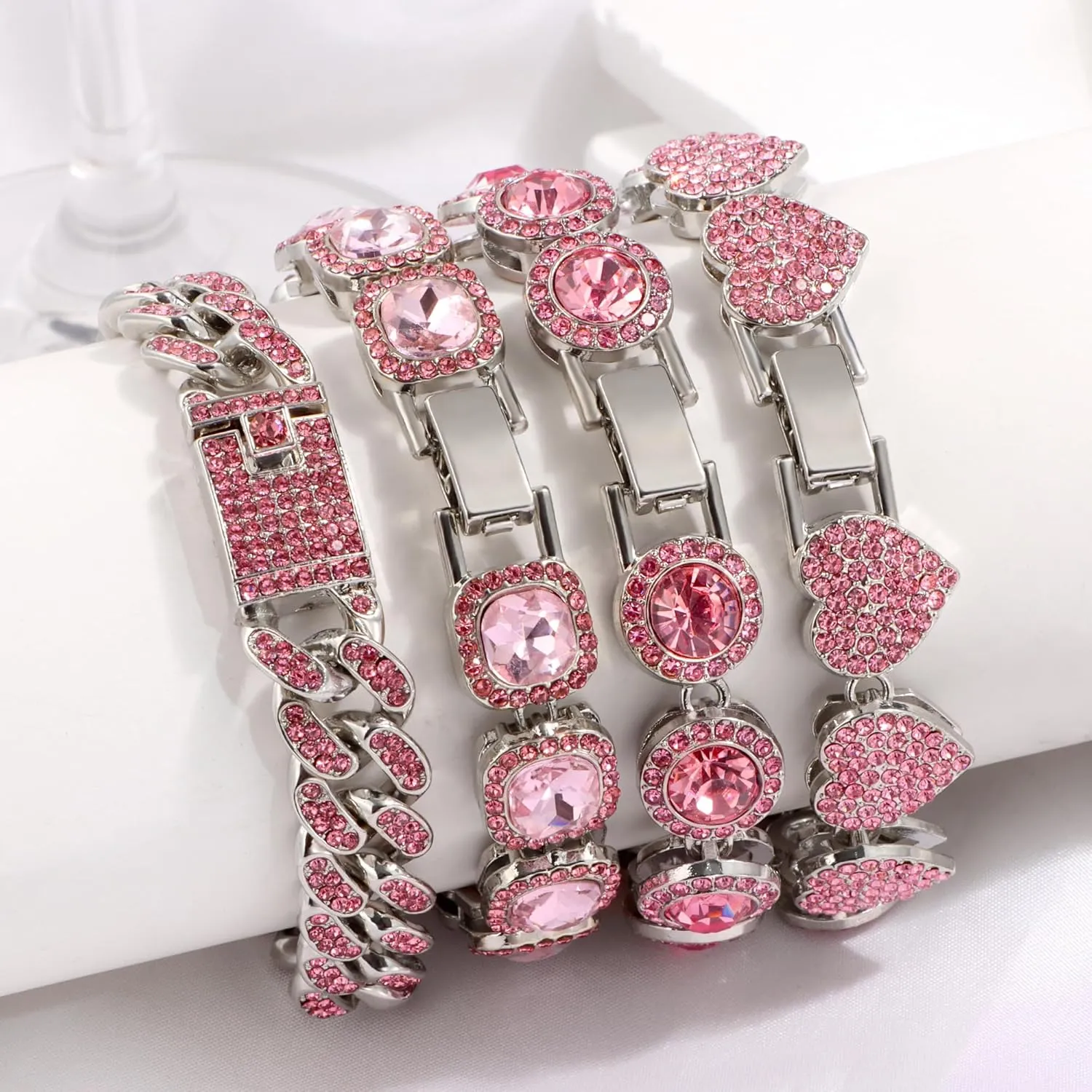 4PCS Gold Bracelets for Women Silver Clustered Tennis Bracelet for Women Heart Round Diamond Cuban Bracelet Layered Link Bracelet Set Fashion Jewelry for Women Set