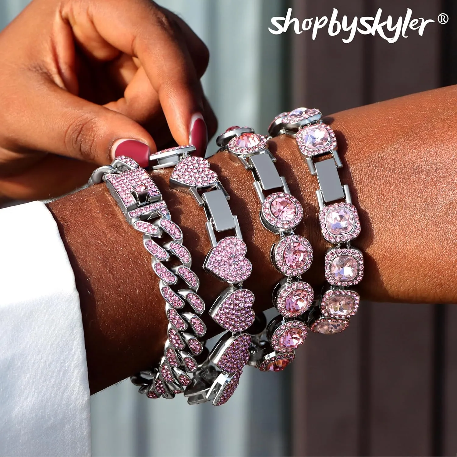 4PCS Gold Bracelets for Women Silver Clustered Tennis Bracelet for Women Heart Round Diamond Cuban Bracelet Layered Link Bracelet Set Fashion Jewelry for Women Set