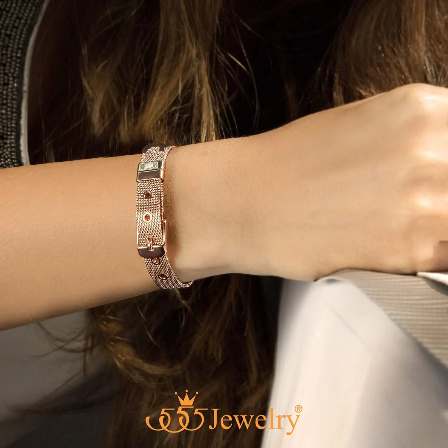 555Jewelry Stainless Steel Adjustable Belt Buckle Mesh Bangle Bracelet for Women