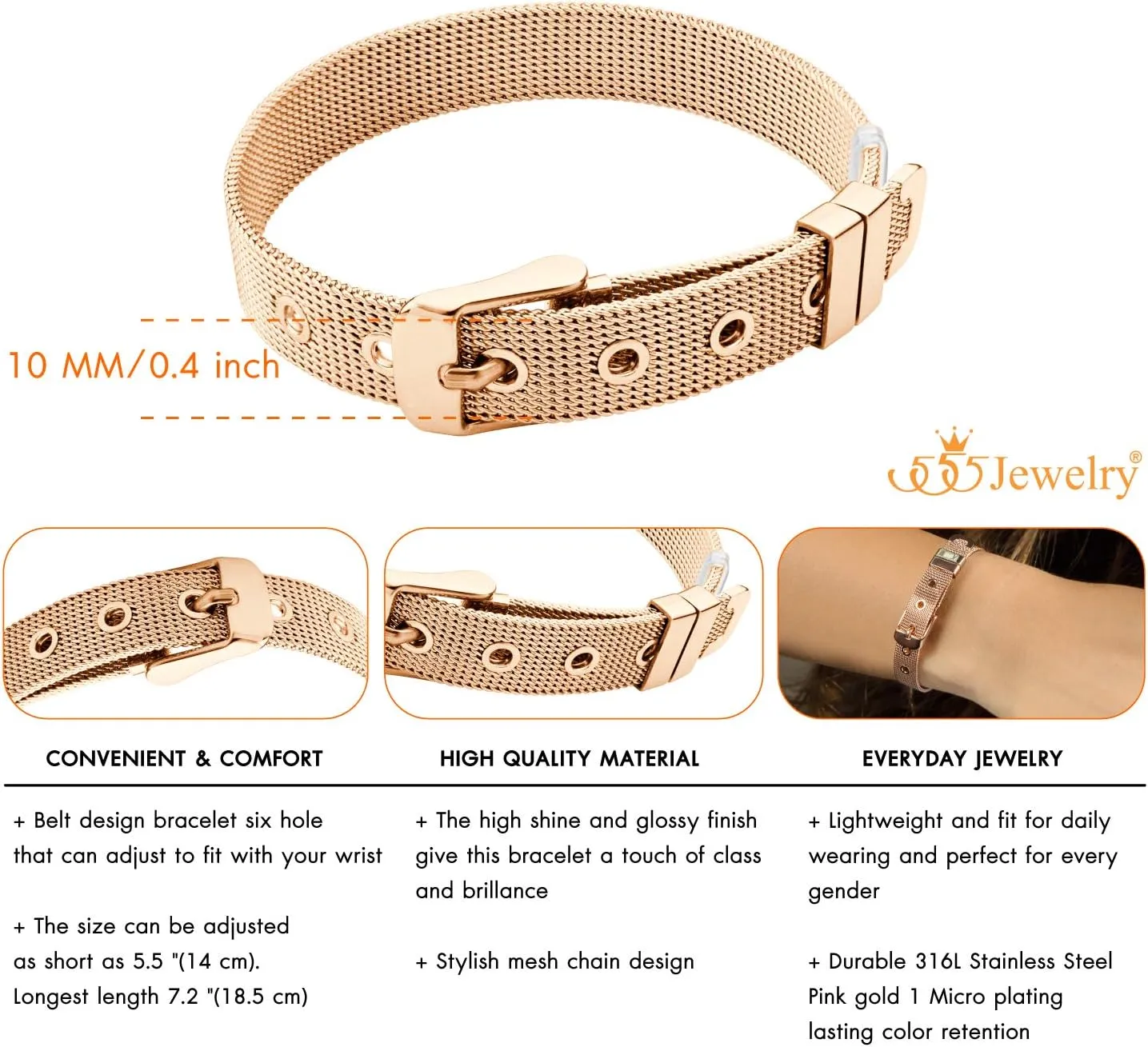 555Jewelry Stainless Steel Adjustable Belt Buckle Mesh Bangle Bracelet for Women