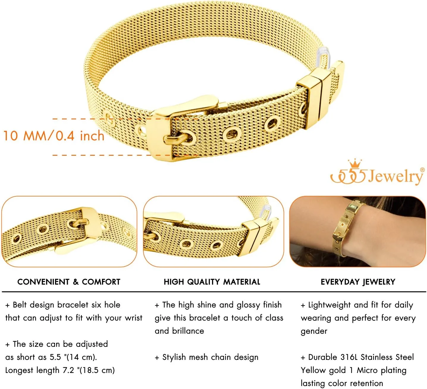 555Jewelry Stainless Steel Adjustable Belt Buckle Mesh Bangle Bracelet for Women