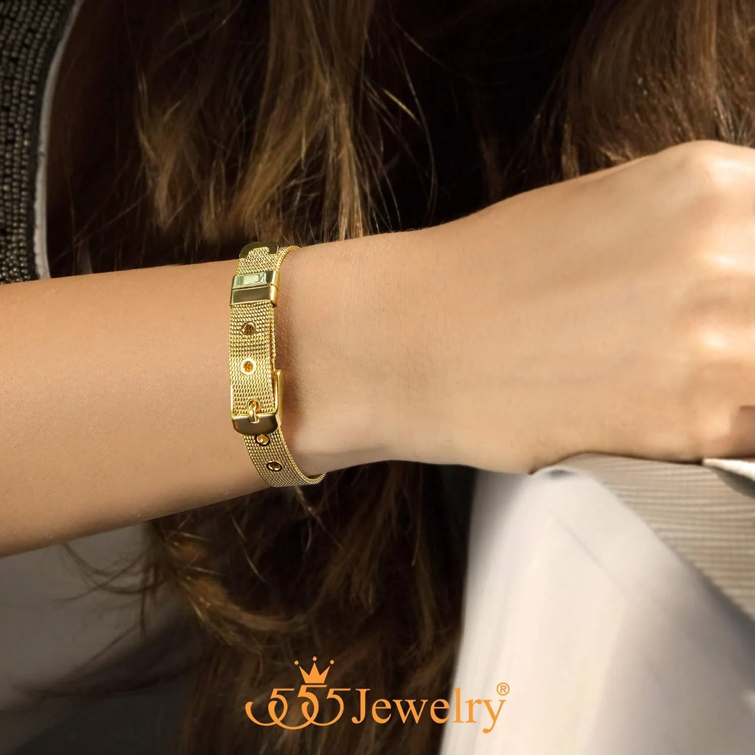 555Jewelry Stainless Steel Adjustable Belt Buckle Mesh Bangle Bracelet for Women