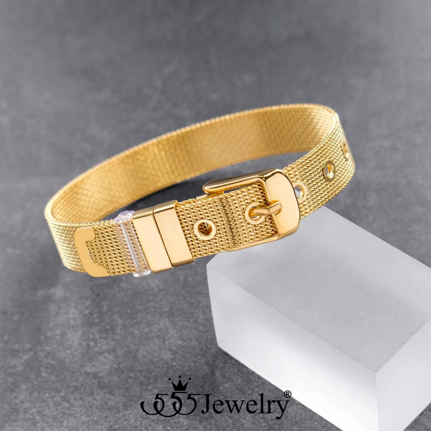555Jewelry Stainless Steel Adjustable Belt Buckle Mesh Bangle Bracelet for Women