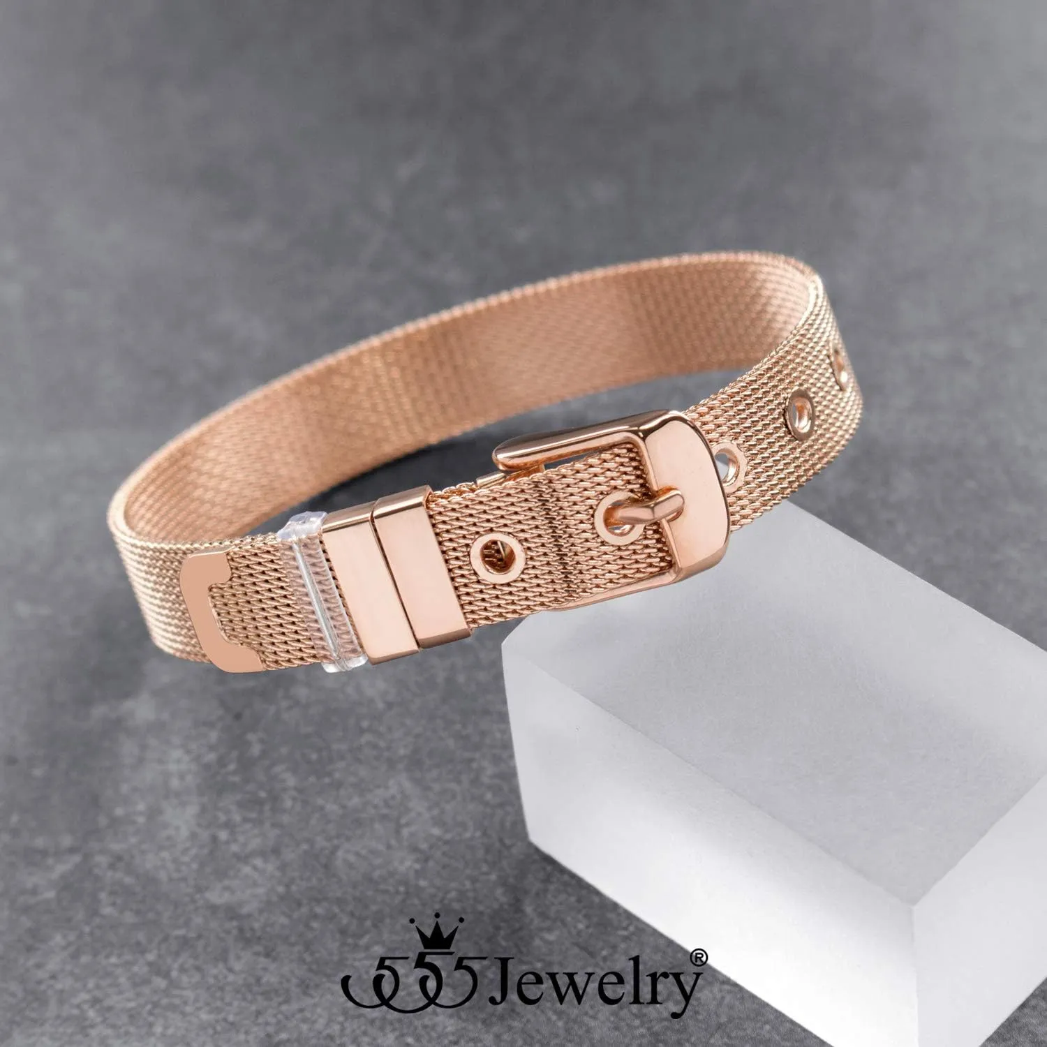 555Jewelry Stainless Steel Adjustable Belt Buckle Mesh Bangle Bracelet for Women