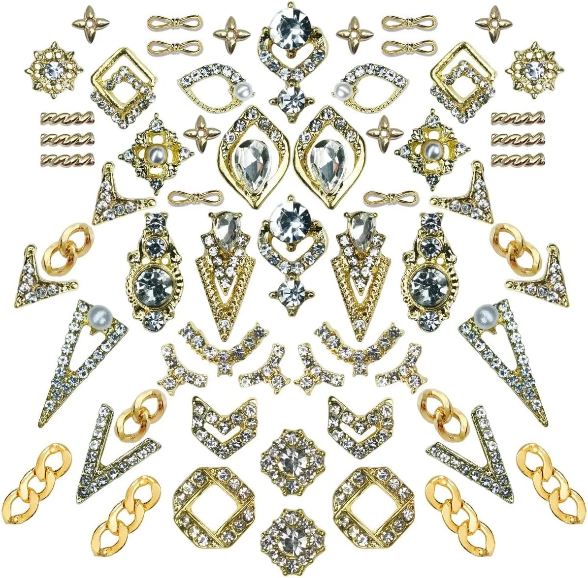 62pcs Golden Alloy Nail Charms - Luxury Rhinestones & Crystals for Nail Art