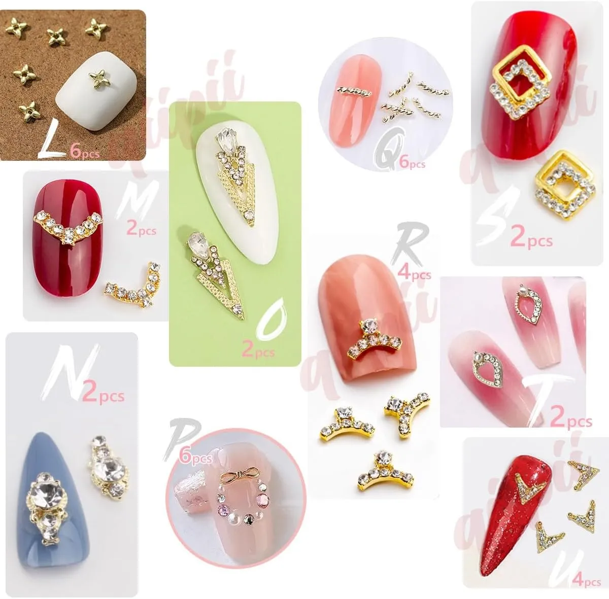 62pcs Golden Alloy Nail Charms - Luxury Rhinestones & Crystals for Nail Art