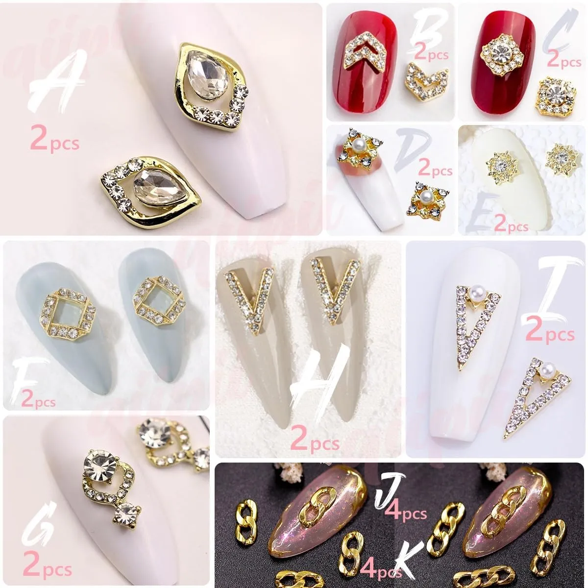 62pcs Golden Alloy Nail Charms - Luxury Rhinestones & Crystals for Nail Art