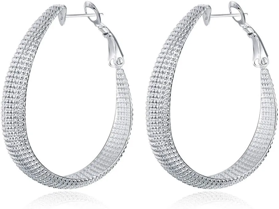 925 Sterling Silver Oval Mesh Band Hoop Earrings