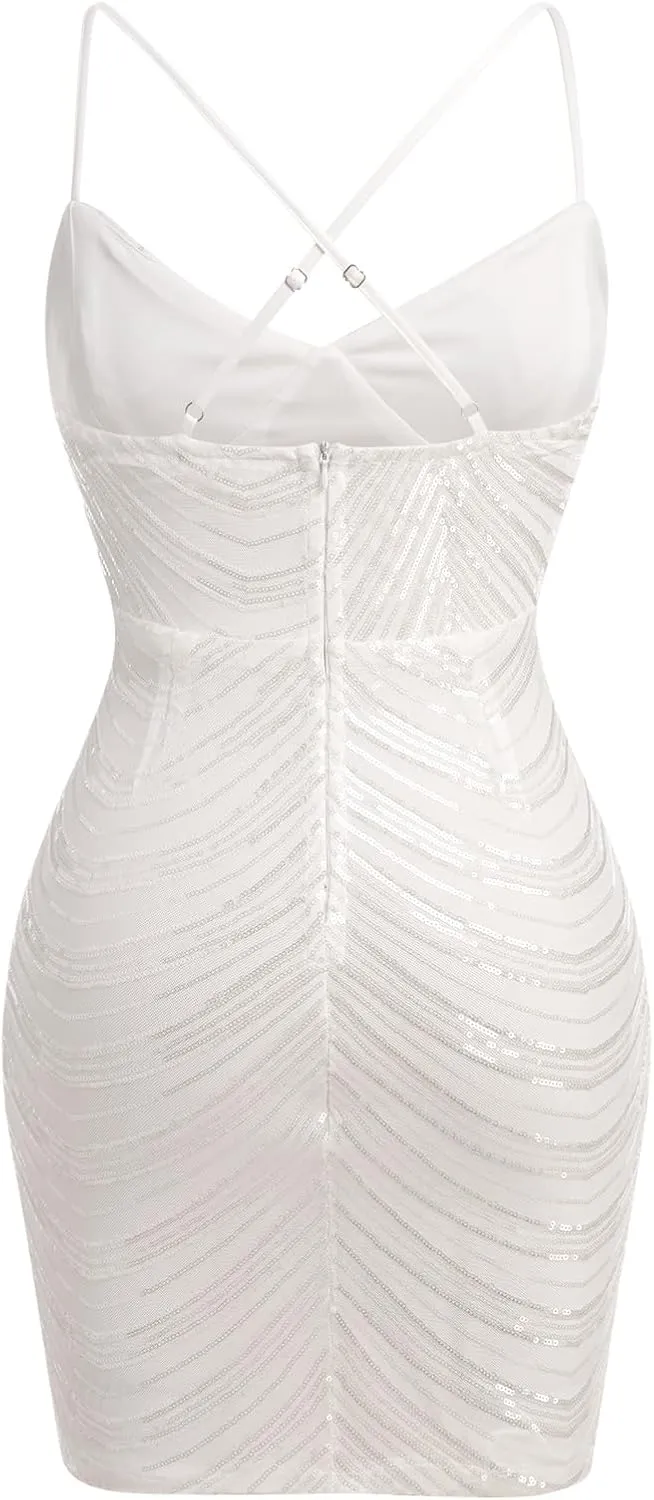 ABAFIP Women's Sequin Mini Dress Sparkly Strappy V-Neck Bodycon Cocktail Party Homcoming Prom Short Dress