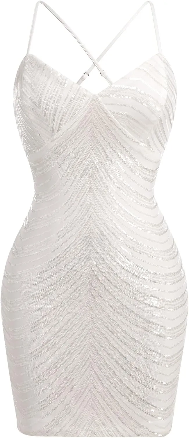 ABAFIP Women's Sequin Mini Dress Sparkly Strappy V-Neck Bodycon Cocktail Party Homcoming Prom Short Dress