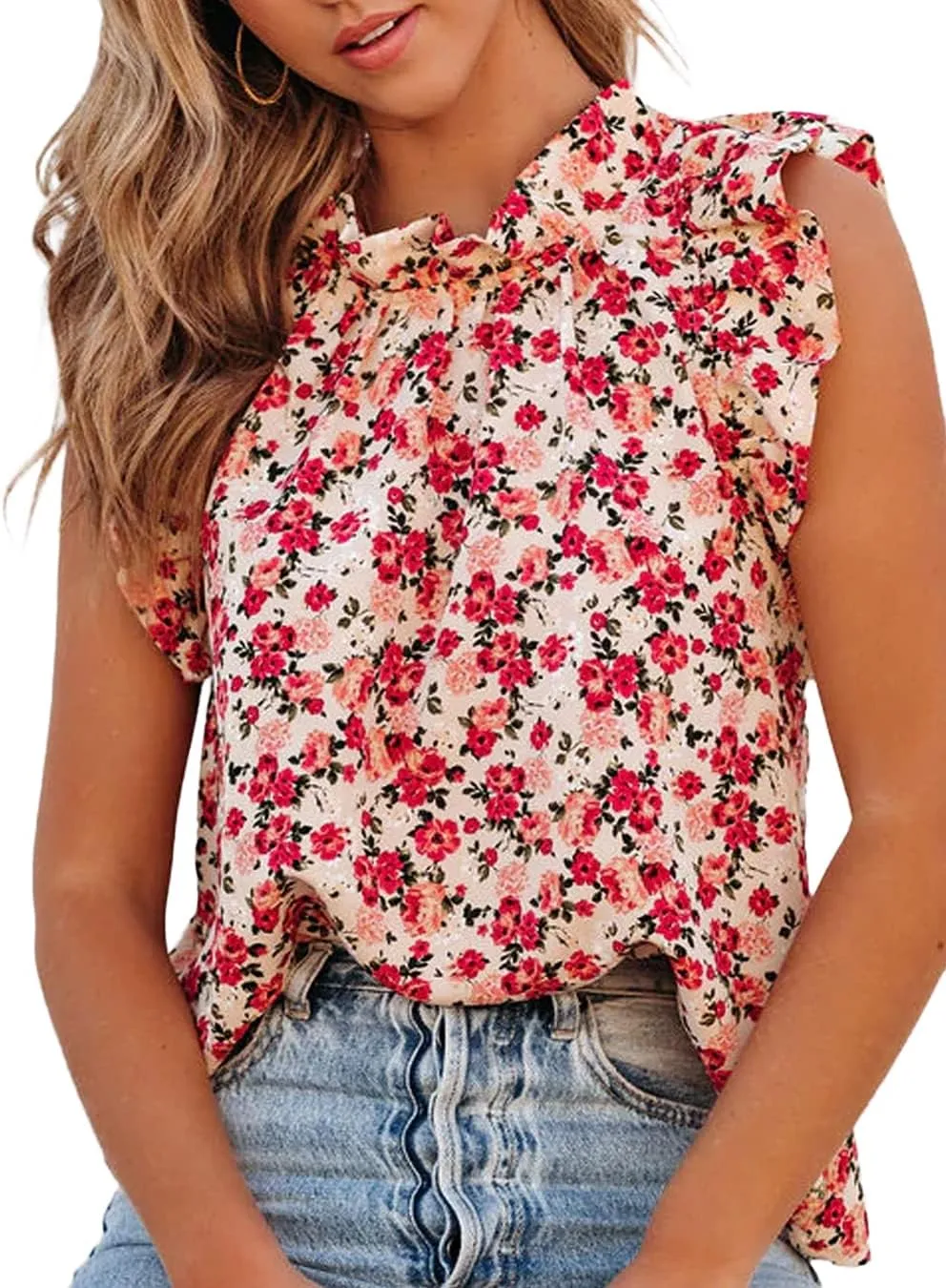 Allimy Women Summer Ruffle Trim Neckline Tank Tops Double Lined Chiffon Blouses