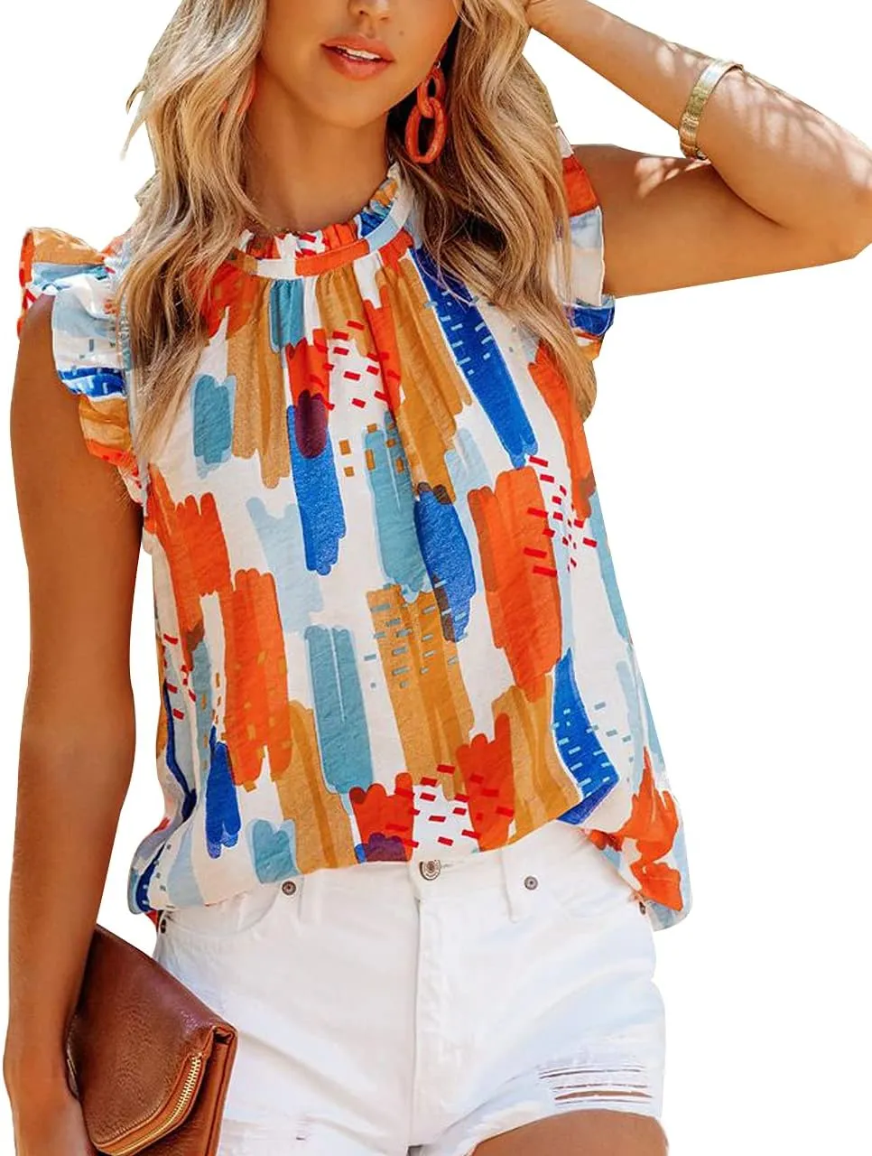 Allimy Women Summer Ruffle Trim Neckline Tank Tops Double Lined Chiffon Blouses