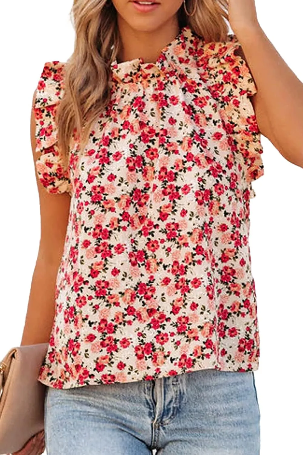 Allimy Women Summer Ruffle Trim Neckline Tank Tops Double Lined Chiffon Blouses
