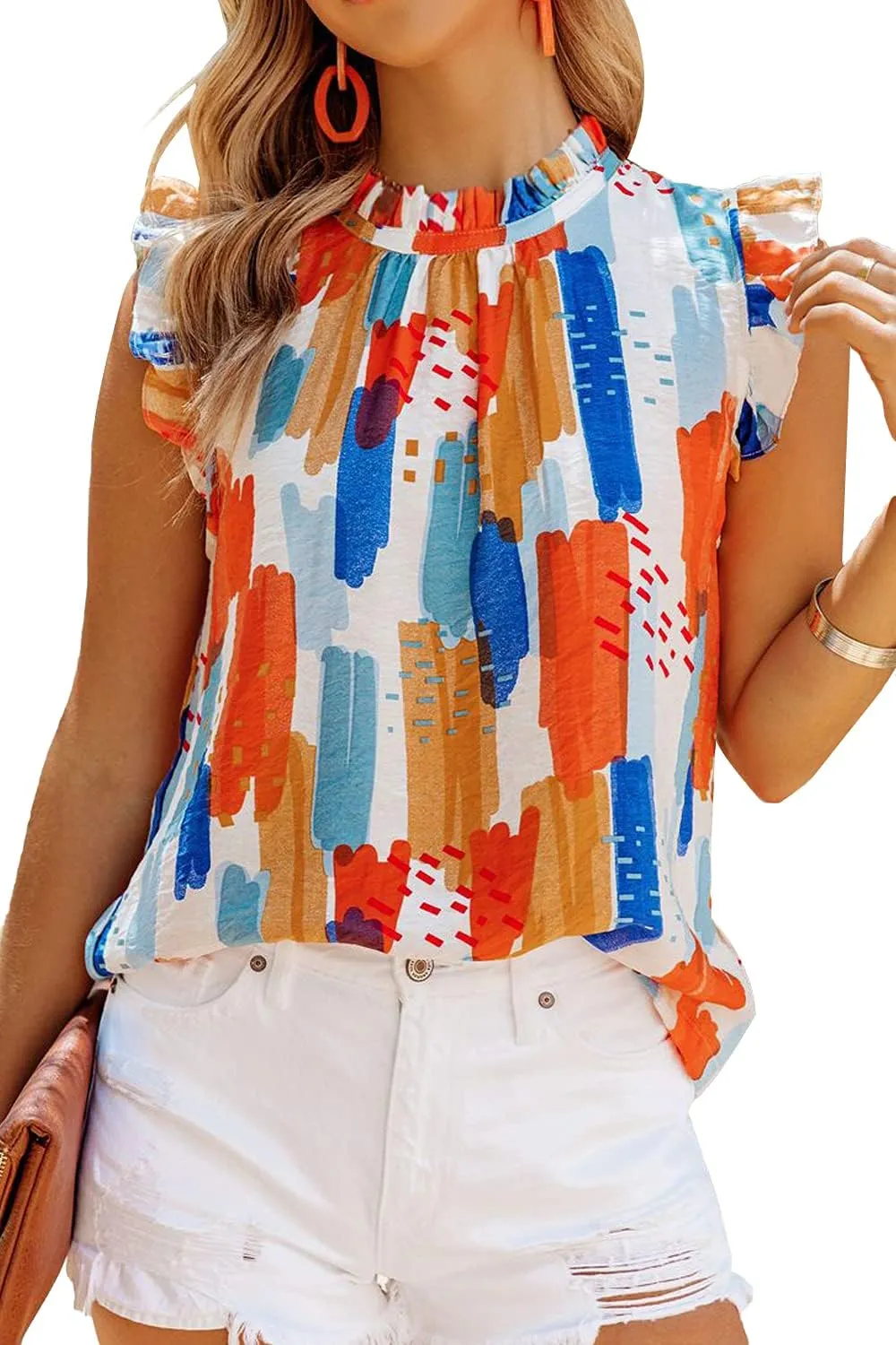 Allimy Women Summer Ruffle Trim Neckline Tank Tops Double Lined Chiffon Blouses