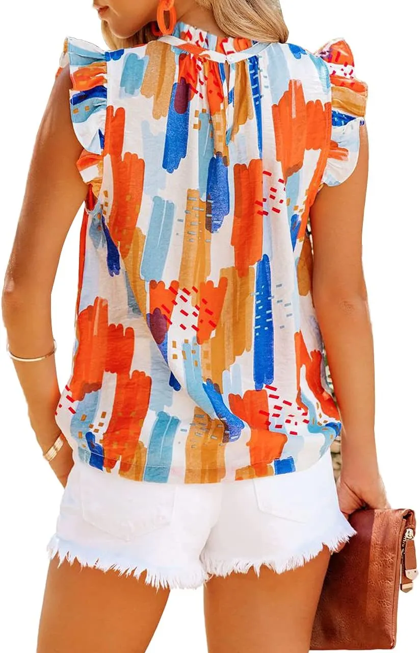 Allimy Women Summer Ruffle Trim Neckline Tank Tops Double Lined Chiffon Blouses