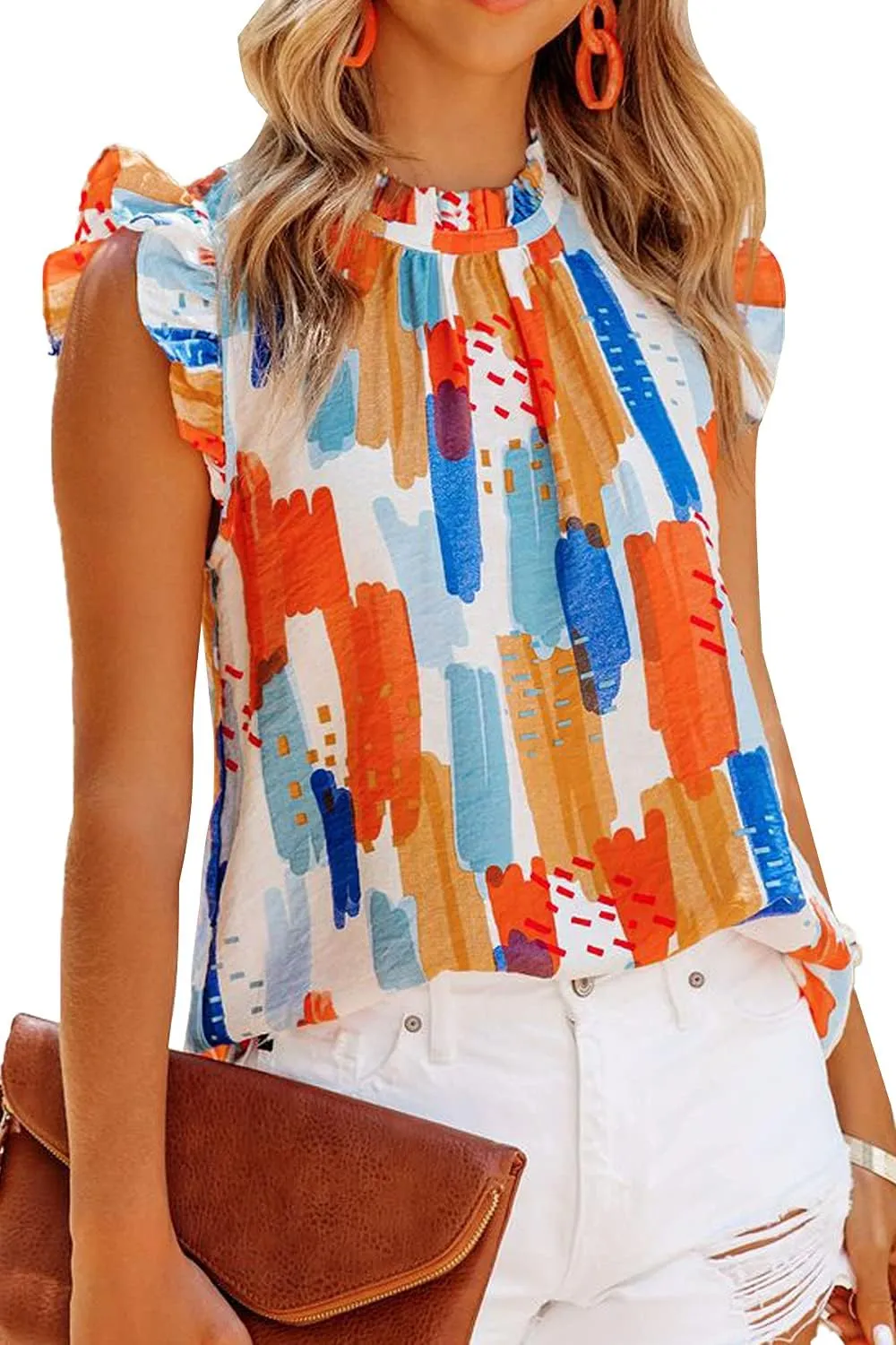 Allimy Women Summer Ruffle Trim Neckline Tank Tops Double Lined Chiffon Blouses
