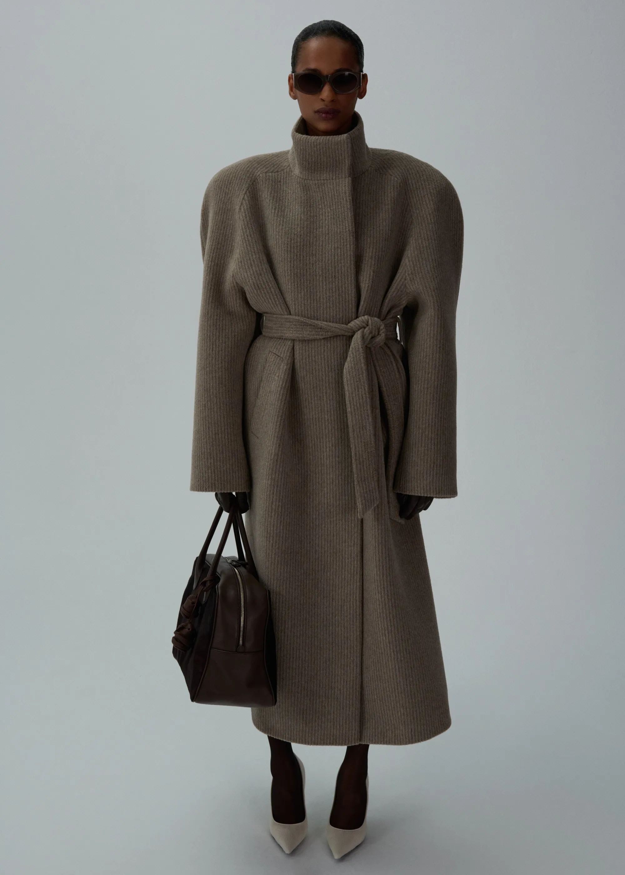 Alpaca high-neck wrap coat in beige