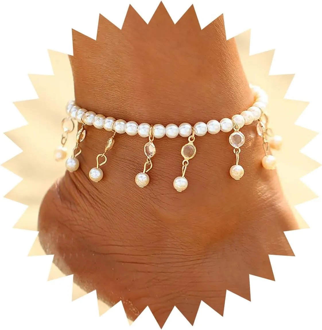 Andelaisi Boho Pearl Pendant Ankle Bracelet Gold Crystal Pearl Drop Anklet Bracelet Vintage Pearl Bead Chain Anklet Crystal Pearl Tassel Anklets Foot Chain Jewelry for Women