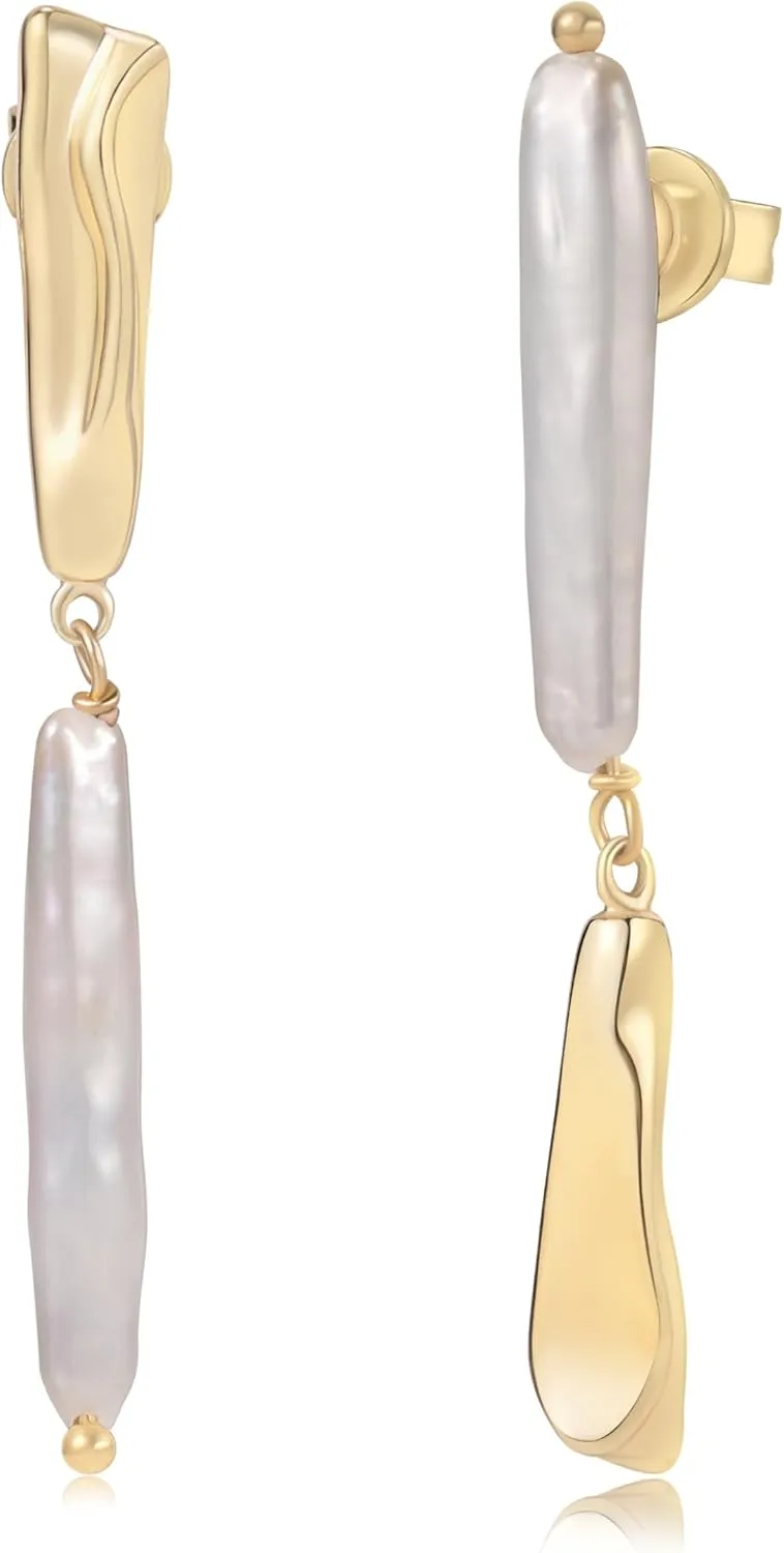 Asymmetrical Baroque Pearl Earrings for Women - 14K Gold-Plated Dangle Drops, Statement Jewelry for Weddings & Formal Events
